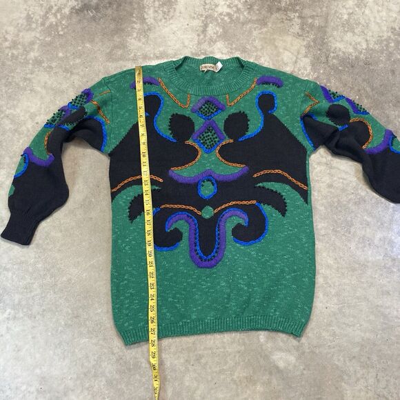 leau Vive‎ Sweater Womens Medium Green Knit Geometric Linen Blend Vtg 90s - Picture 3 of 7